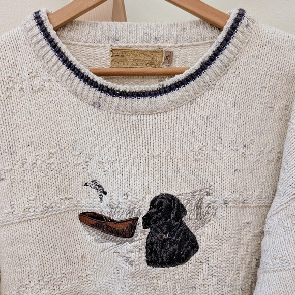 Vintage Embroidered Black Lab & Canoe Textured Chunky Crewneck Sweater In Ivory - Picture 7 of 12